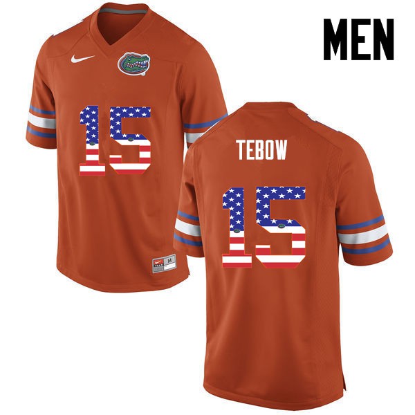 Florida Gators Men #15 Tim Tebow College Football USA Flag Fashion Orange